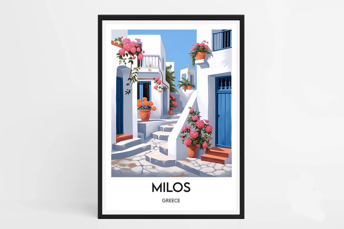 Milos Greece Cycladic Alleyway Whitewashed Houses Flowers Poster