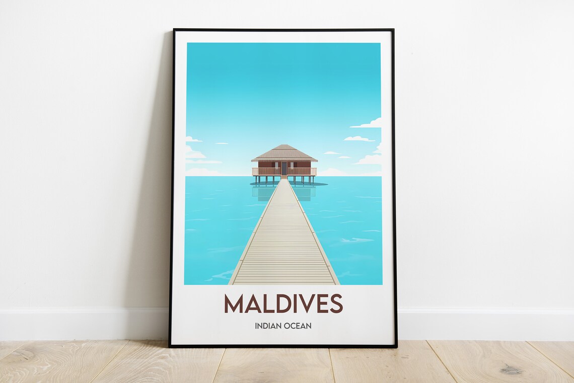 Maldives Indian Ocean Overwater Bungalow Jetty Beach Travel Poster