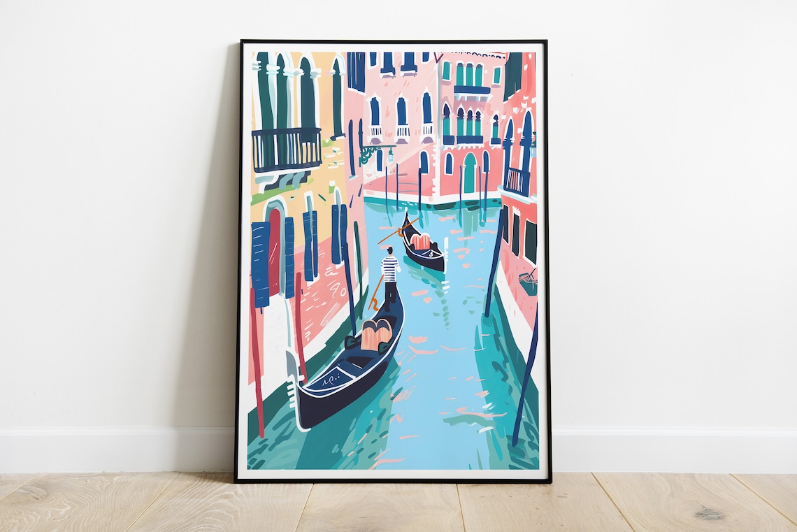 Venice Italy Canal Gondoliers Colorful Waterfront Scene Poster