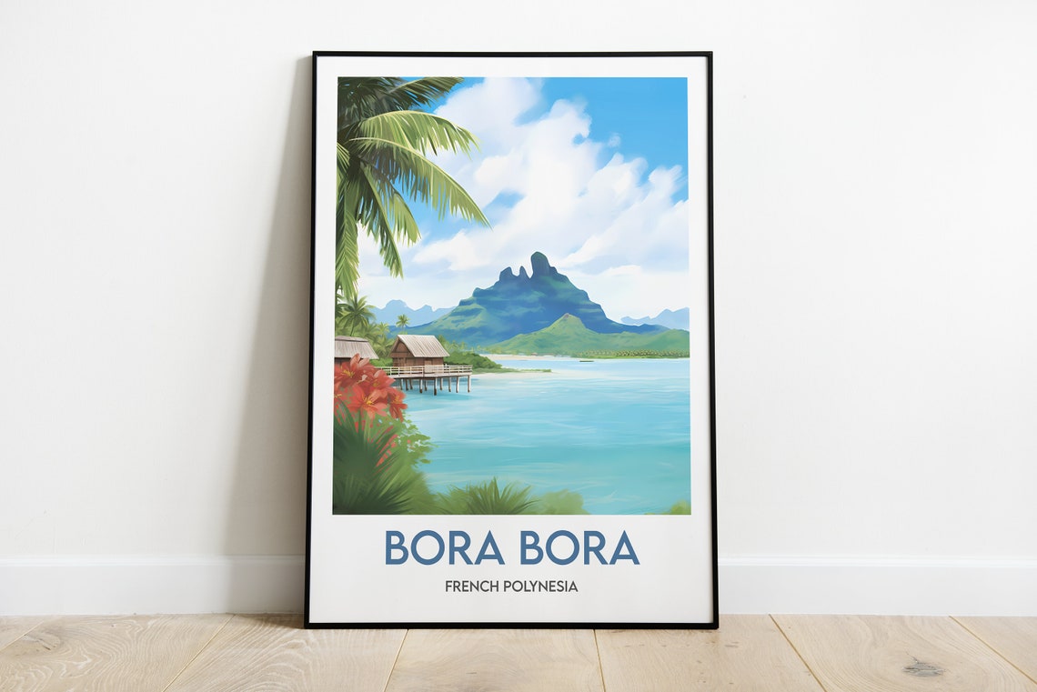 Bora Bora French Polynesia Lagoon Huts Minimalist Travel Poster