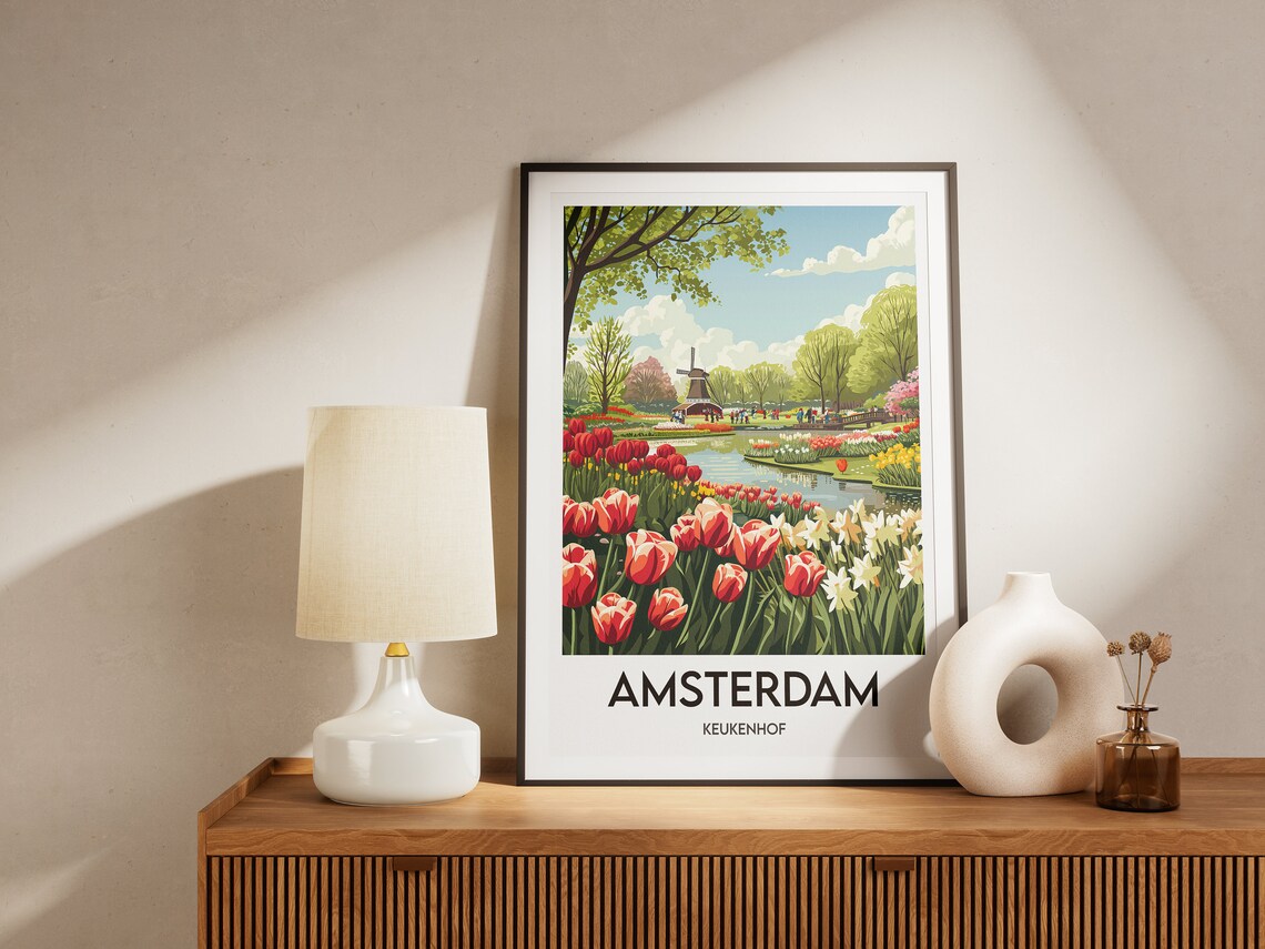 Amsterdam Keukenhof Tulip Garden Windmill Illustration Travel Poster - Image 2