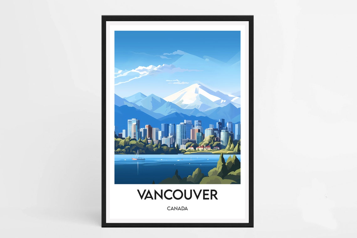Vancouver Canada Skyline Snowy Mountains Harbour Travel Poster