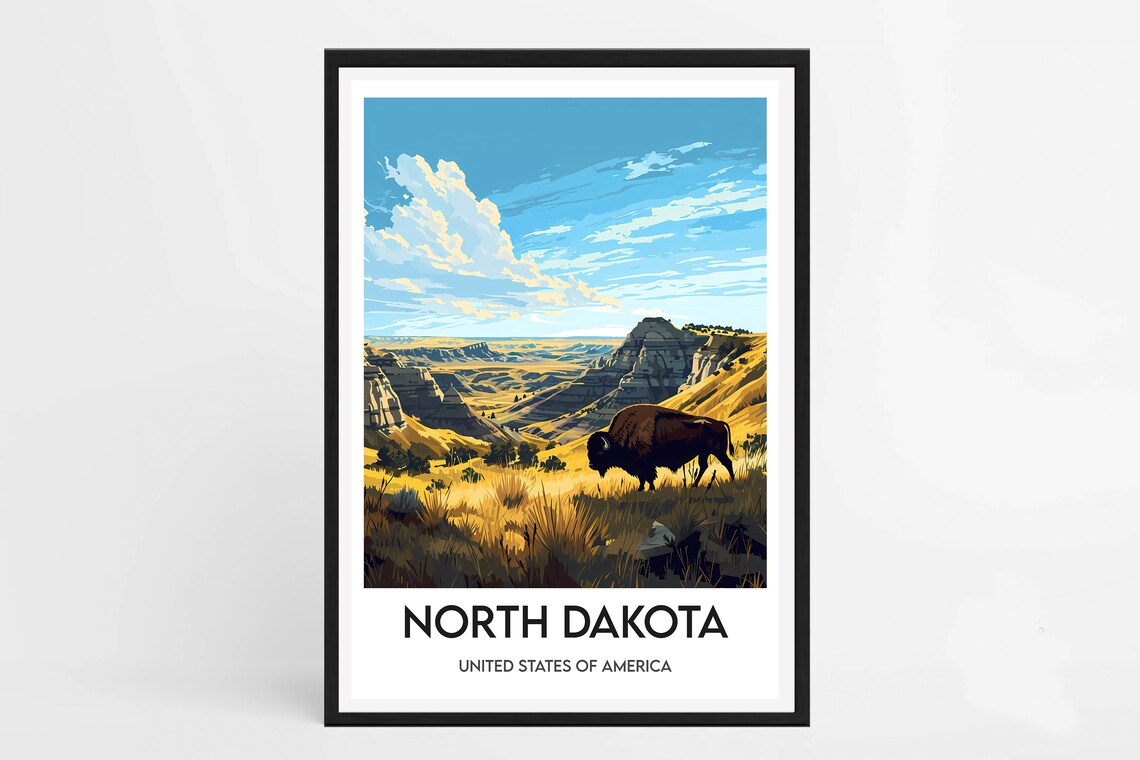 North Dakota Bison Prairie Sunset Illustration Vintage Poster