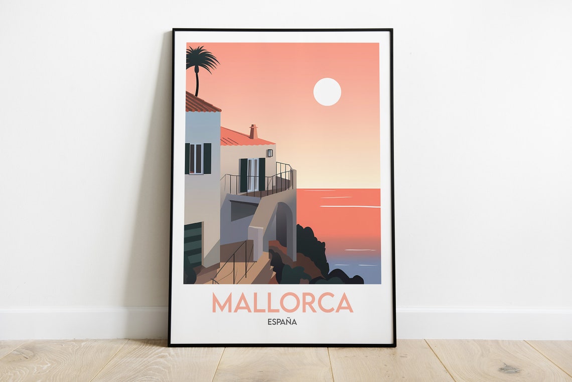 Mallorca Espana Coastal Villa Sunset Palm Seaside Travel Poster