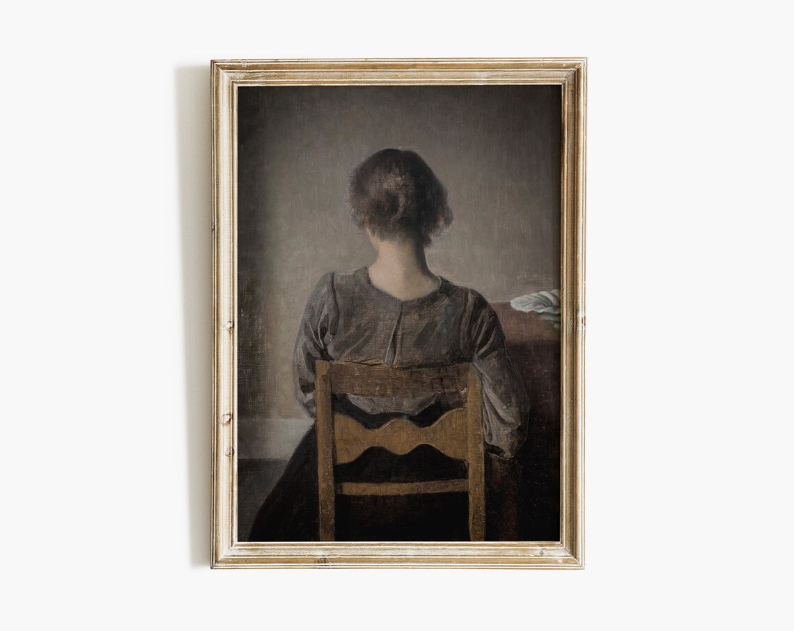 Seated Woman From Behind Moody Portrait Vintage Oil Painting Art Print - Image 4