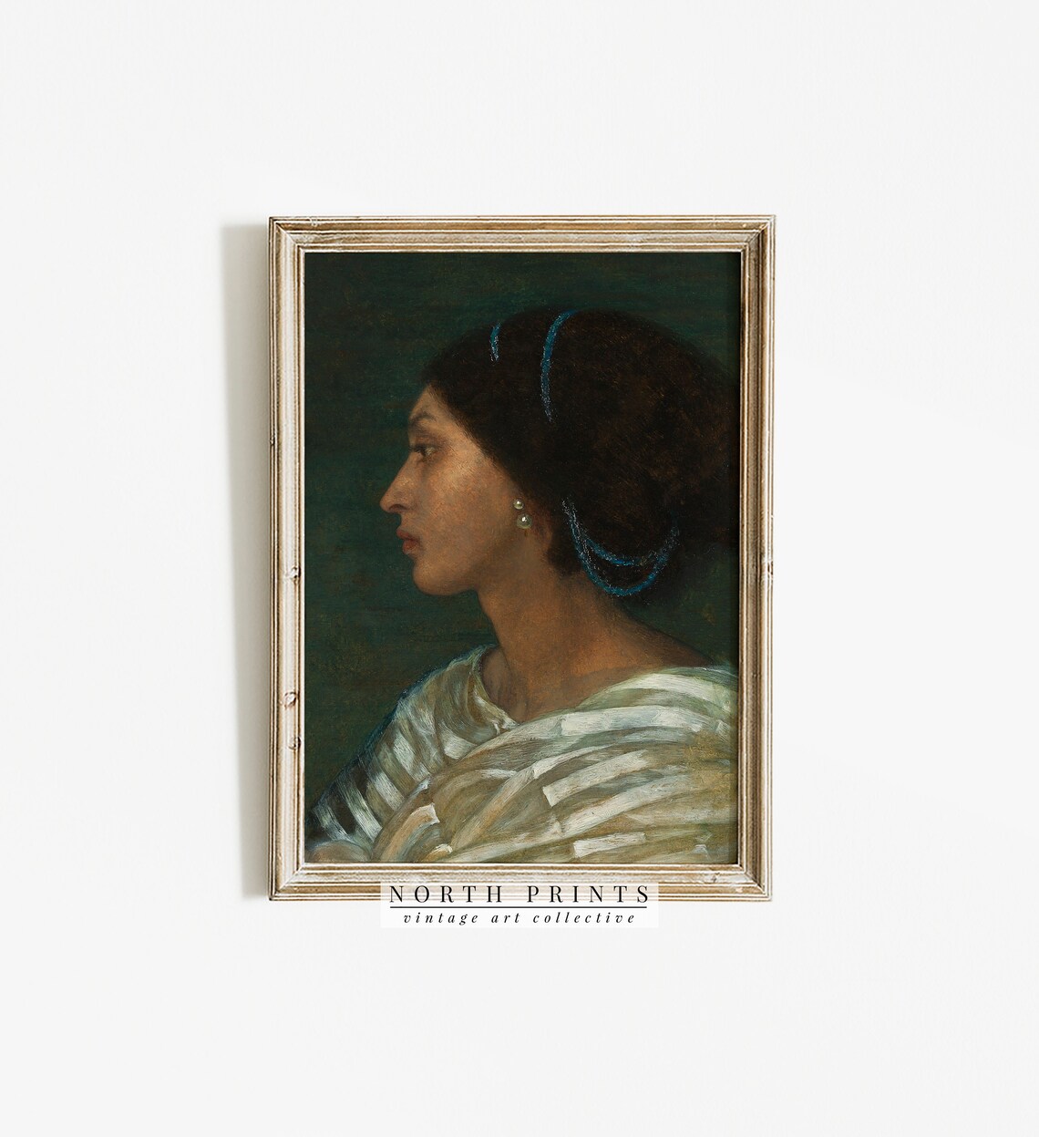 Vintage Female Portrait Profile Blue Beads Antique Oil Painting Print - Image 3