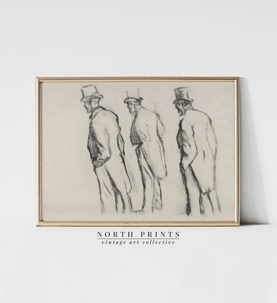 Gentlemen Antique Drawing Vintage Sketch Art Neutral Etching North Prints Sk 194
