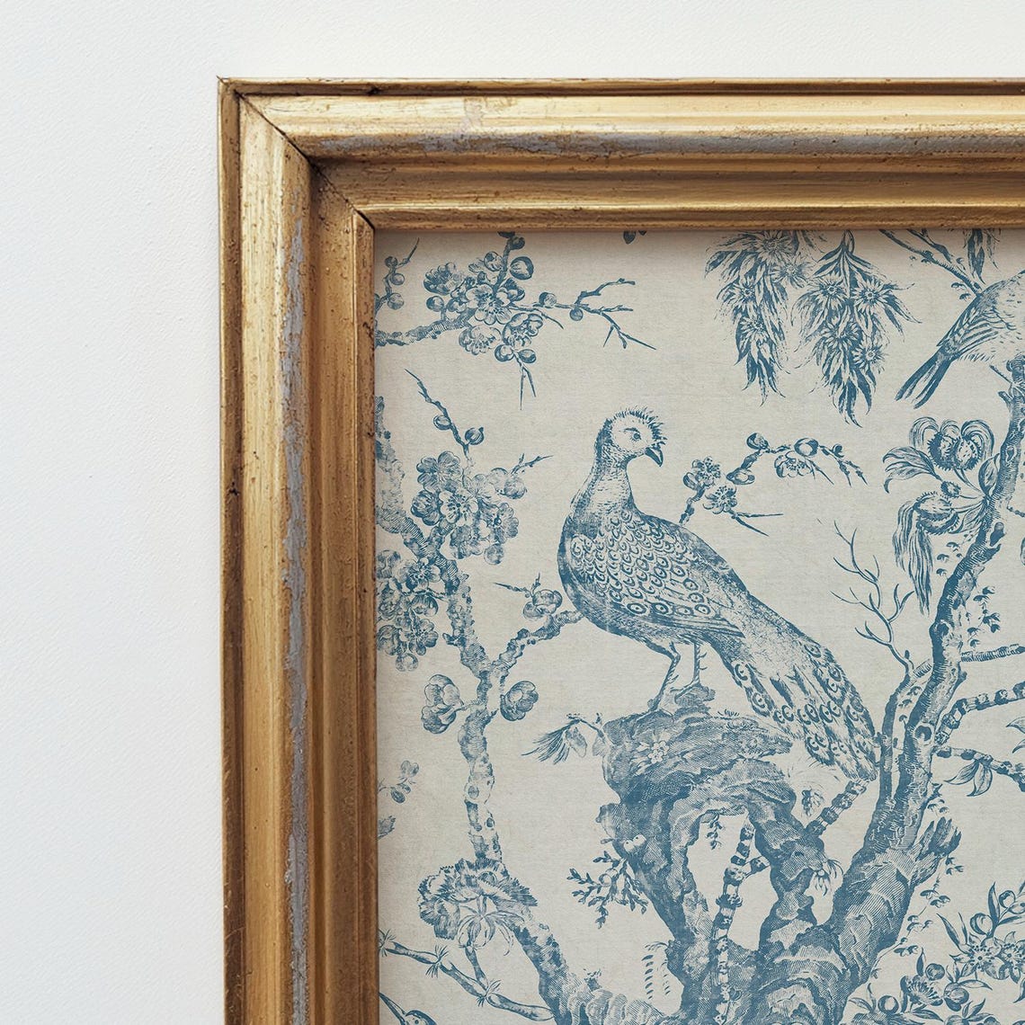 Blue Toile Pheasant Birds Tree Antique Textile Art Print Wall Decor - Image 4