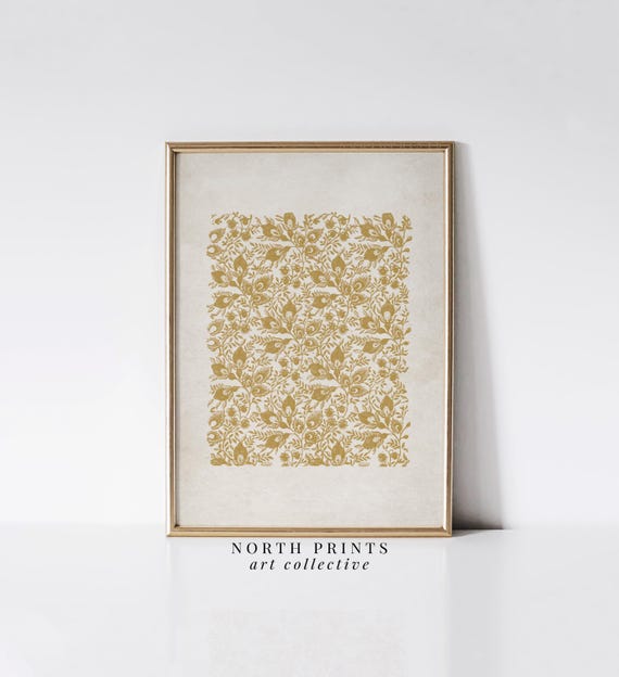 Yellow Botanical Pattern Art Print, Vintage Minimalist