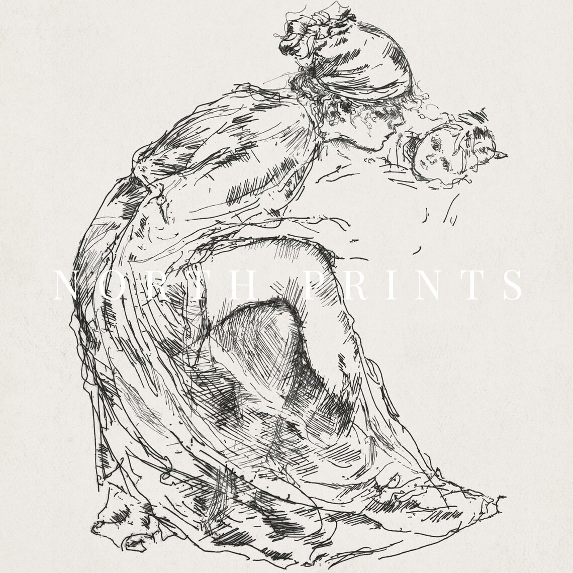 Mother and Child Vintage Sketch Nursery Art Print - Image 2