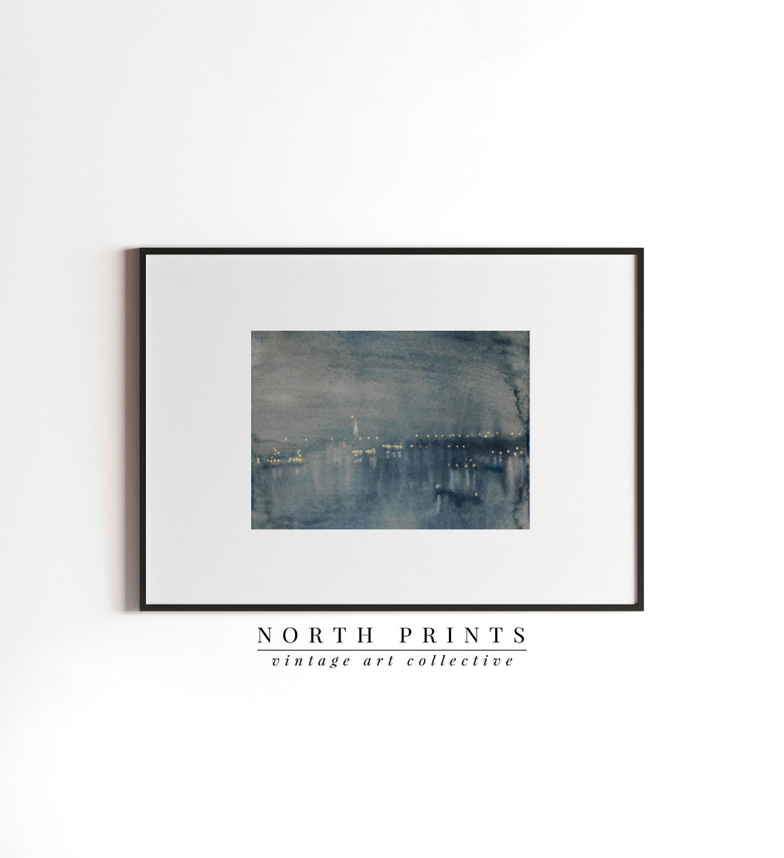 Dark Blue Evening City Skyline Night Lights Water Reflections Poster - Image 2