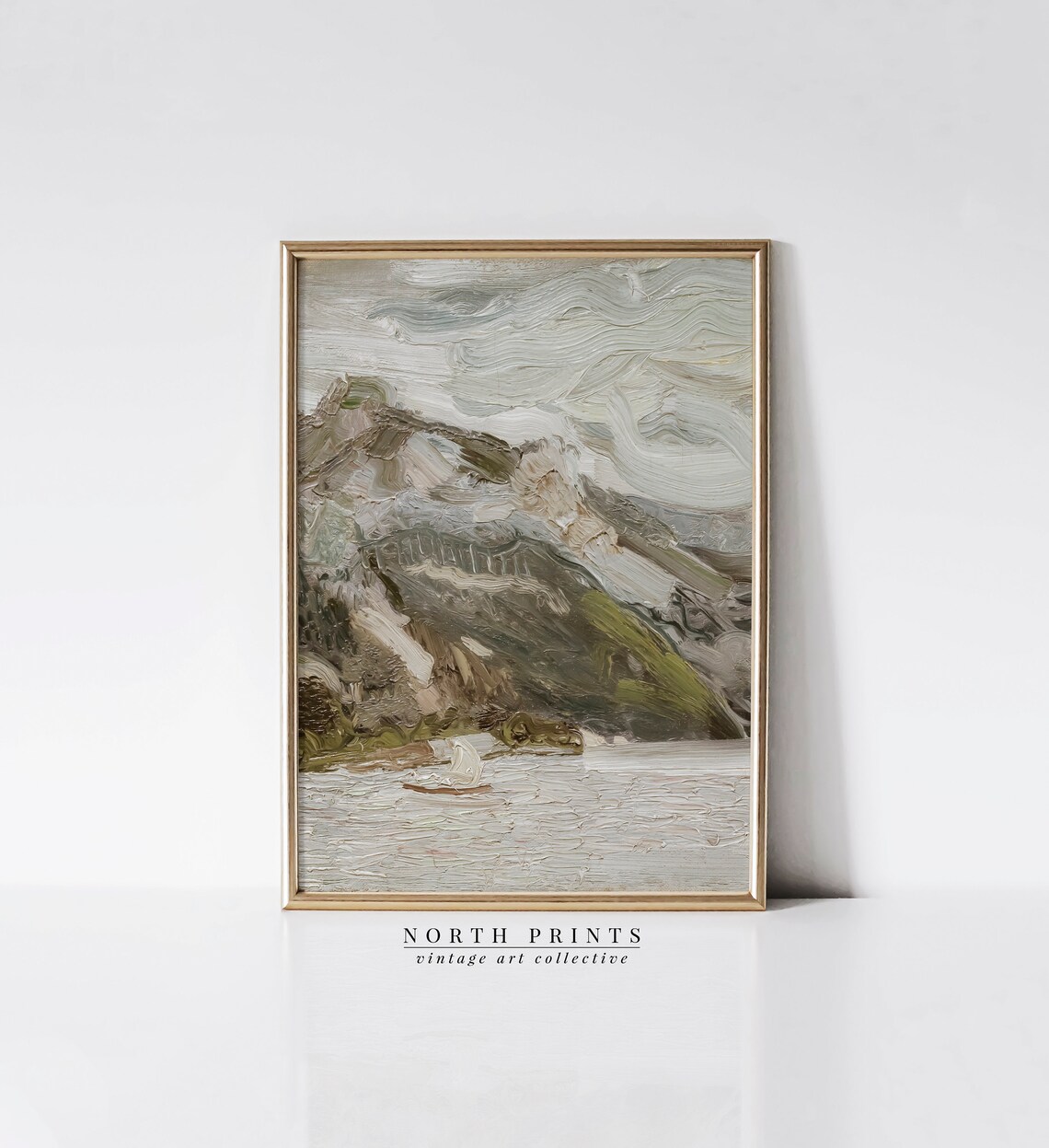 Neutral Green Coastal Painting, Vintage Seascape Art Print