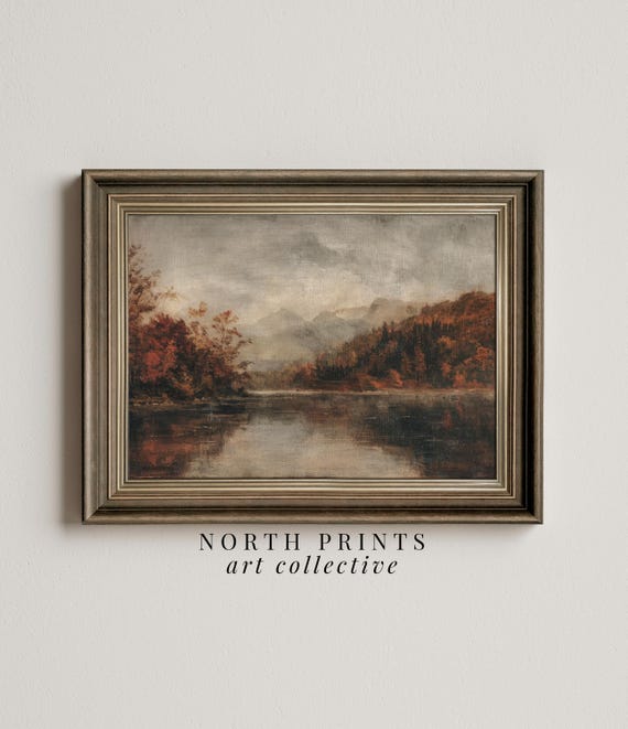 Rustic Fall Lake Landscape Art Print, Moody Autumn