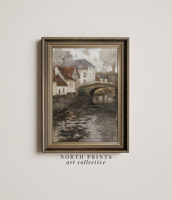 European Canal Vintage Painting, Autumn Farmhouse Art Print