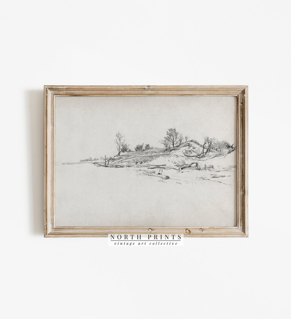 Minimalist Lake Shore Pencil Sketch Vintage Landscape Drawing Print - Image 4