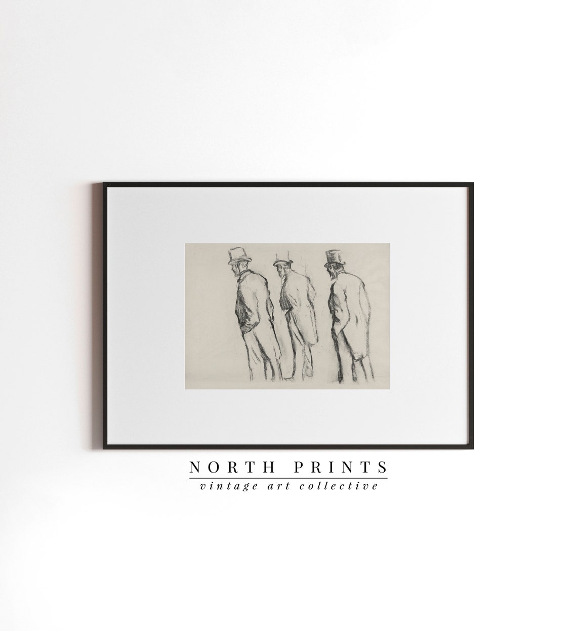 Vintage Three Gentlemen Top Hat Charcoal Figure Sketch Print - Image 2