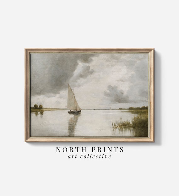 Lake Sailboat Painting, Nautical Neutral Bedroom Print