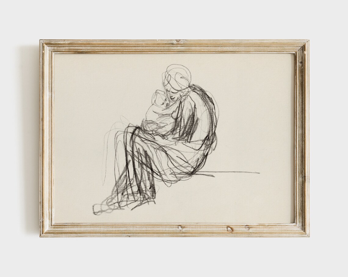 Vintage Mother and Child Sketch, Neutral Line Drawing - Image 2