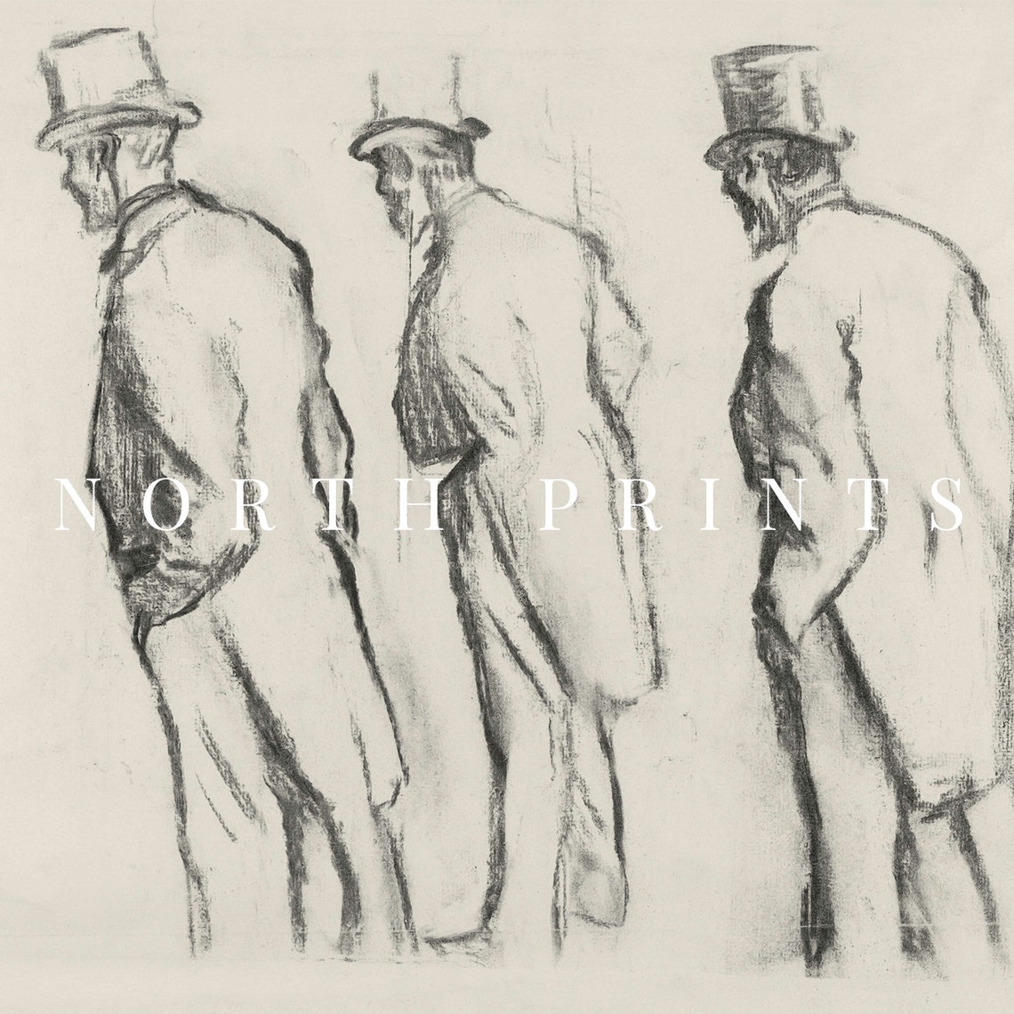 Vintage Three Gentlemen Top Hat Charcoal Figure Sketch Print - Image 4