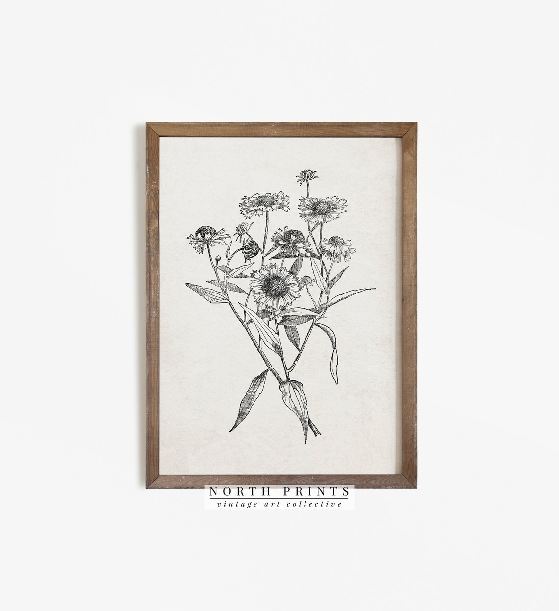 Wildflower Bouquet Black Ink Sketch Vintage Botanical Drawing Print