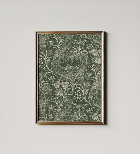 Tulip Print, Antique Green Floral Pattern Art Print