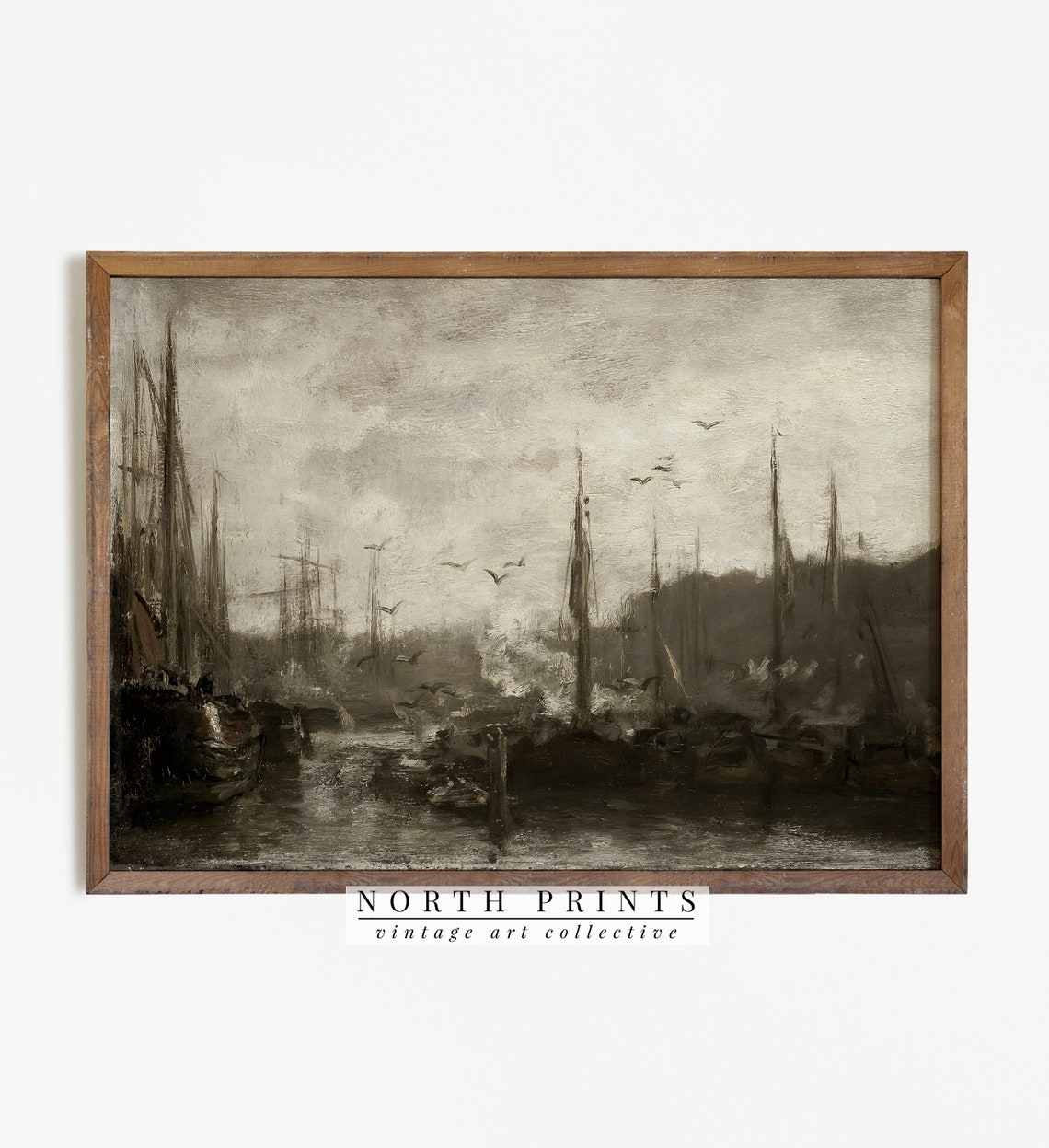 Moody Harbor Tall Sailing Ships Seagulls Dark Nautical Painting Poster
