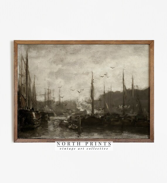 Moody Harbour Painting Dark Nautical Sailboats Art North Prints 617