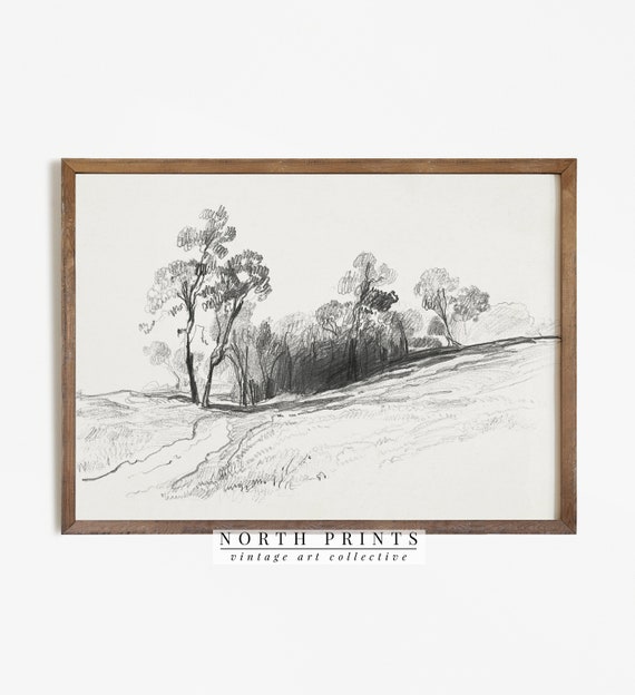 Neutral Landscape Drawing, Minimalist Vintage Sketch