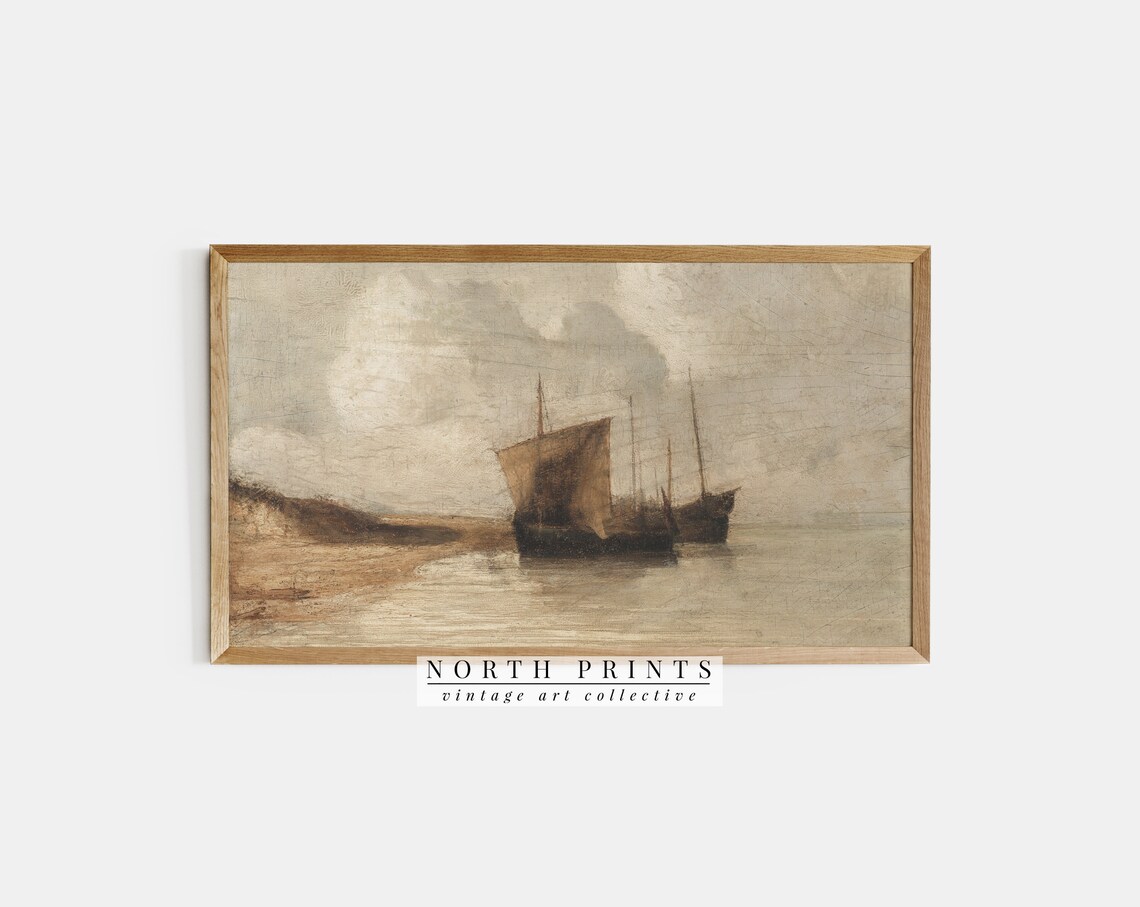 Moody Moored Sailboats Misty Harbor Earthy Vintage Travel Poster