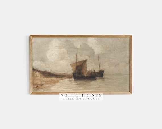 Moody Moored Sailboats Misty Harbor Earthy Vintage Travel Poster