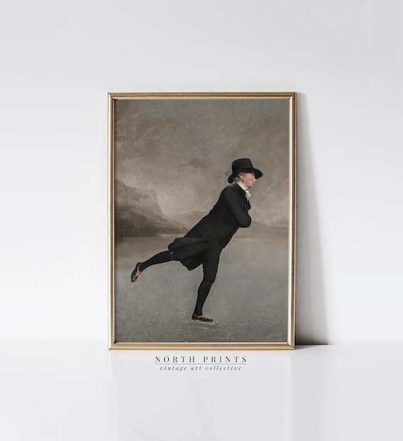 Vintage Dark Winter Wall Art Gentleman Skating Art Moody Neutral Holiday Decor 976