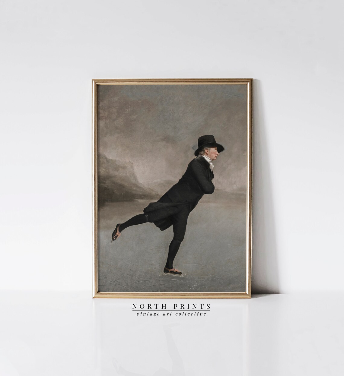 Vintage Dark Winter Wall Art Gentleman Skating Art Moody Neutral Holiday Decor 976