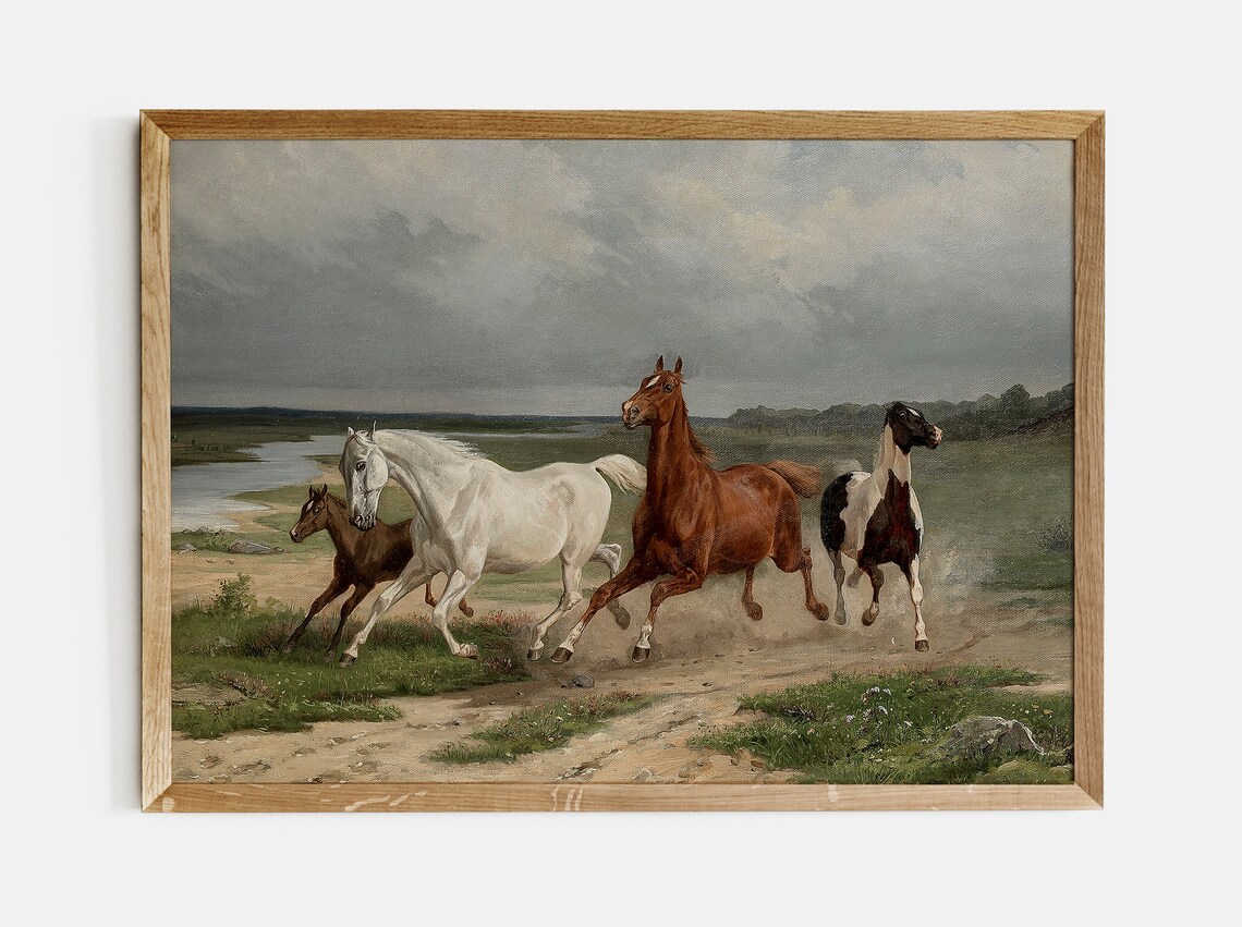 Vintage Western Oil Painting Wild Horses Art Print - Image 2