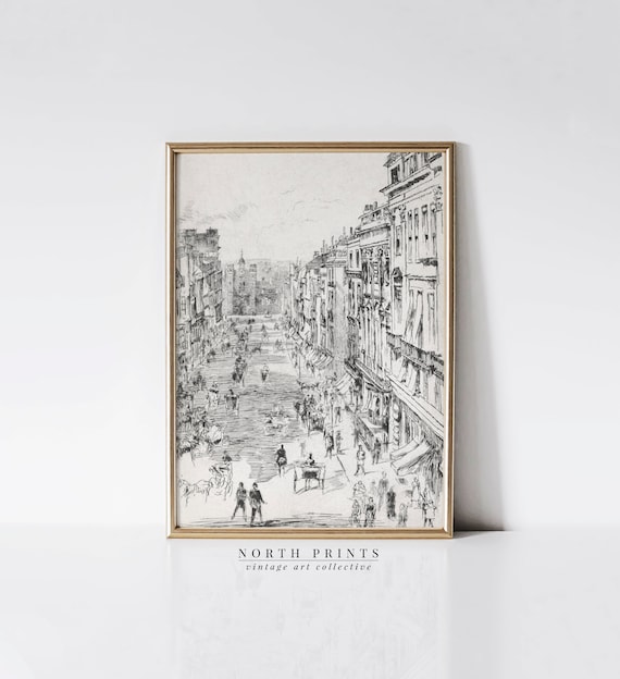Neutral Cityscape Sketch Art, Antique Architecture Print