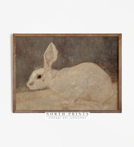 Vintage Rabbit Painting, Neutral Country Nursery Art Print