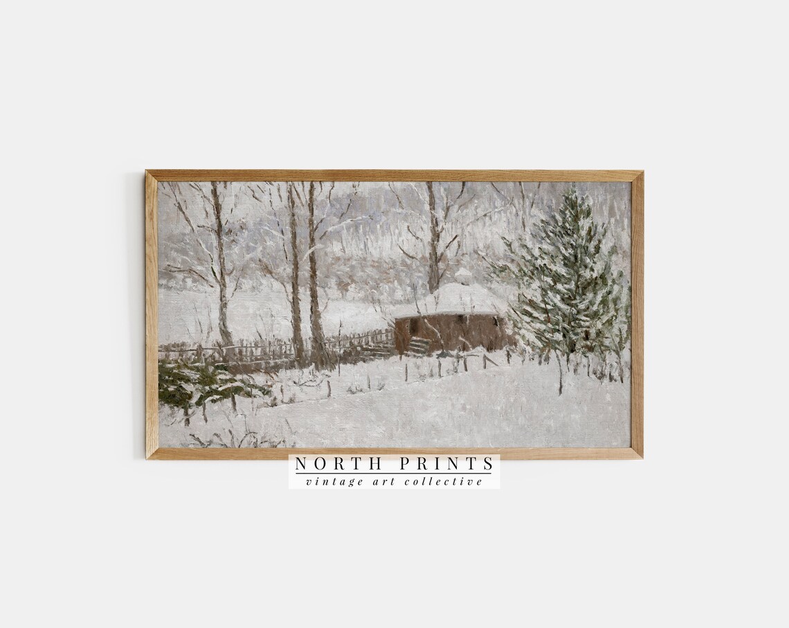 Snowy Winter Cabin Pine Trees Farmhouse Christmas Travel Poster
