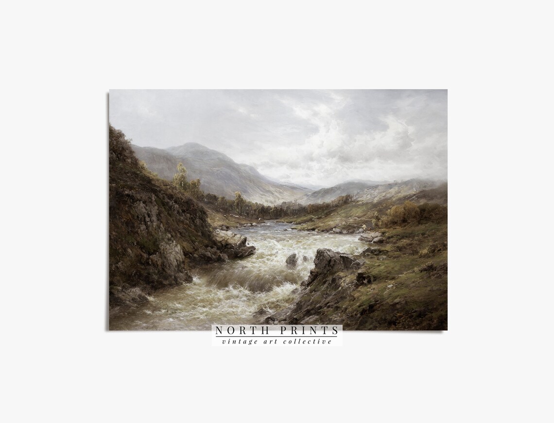 Rustic River Landscape Vintage Mountains Art Print - Image 2