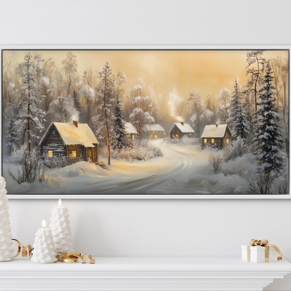 Cozy Winter Village Art Rustic Charm With Snowy Cabins And Forest Frosty Landscape Print For Above Couch Or Holiday Home Decor