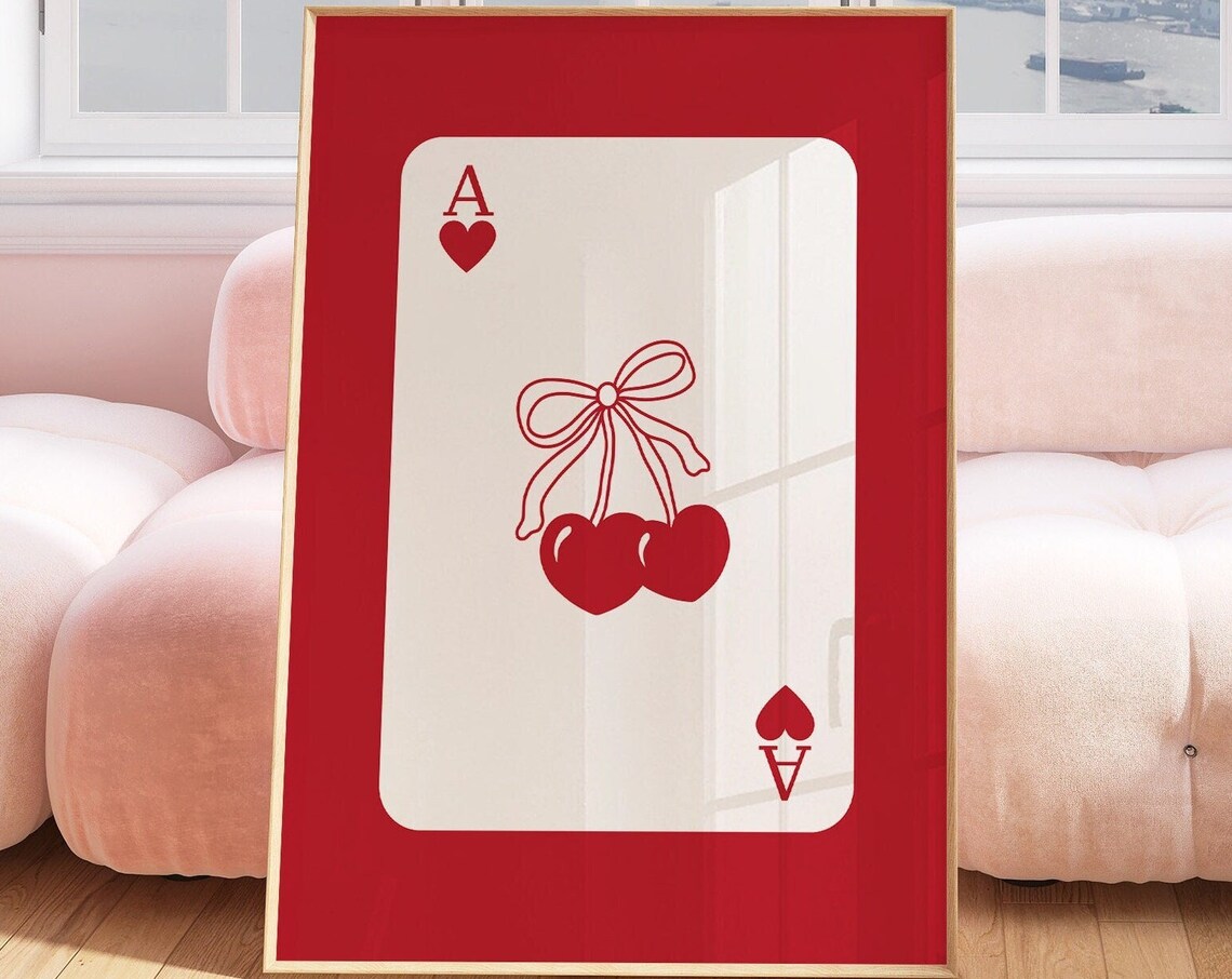 Ace of Hearts Cherry Bow Red Coquette Trendy Playing Card Poster