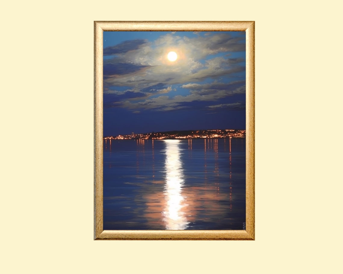 Full Moon Art Print, Moonlight Over The Bay