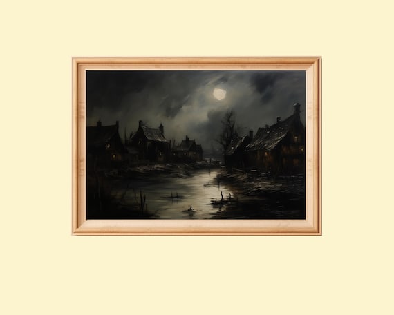 Haunted Village Halloween Rustic Art Print