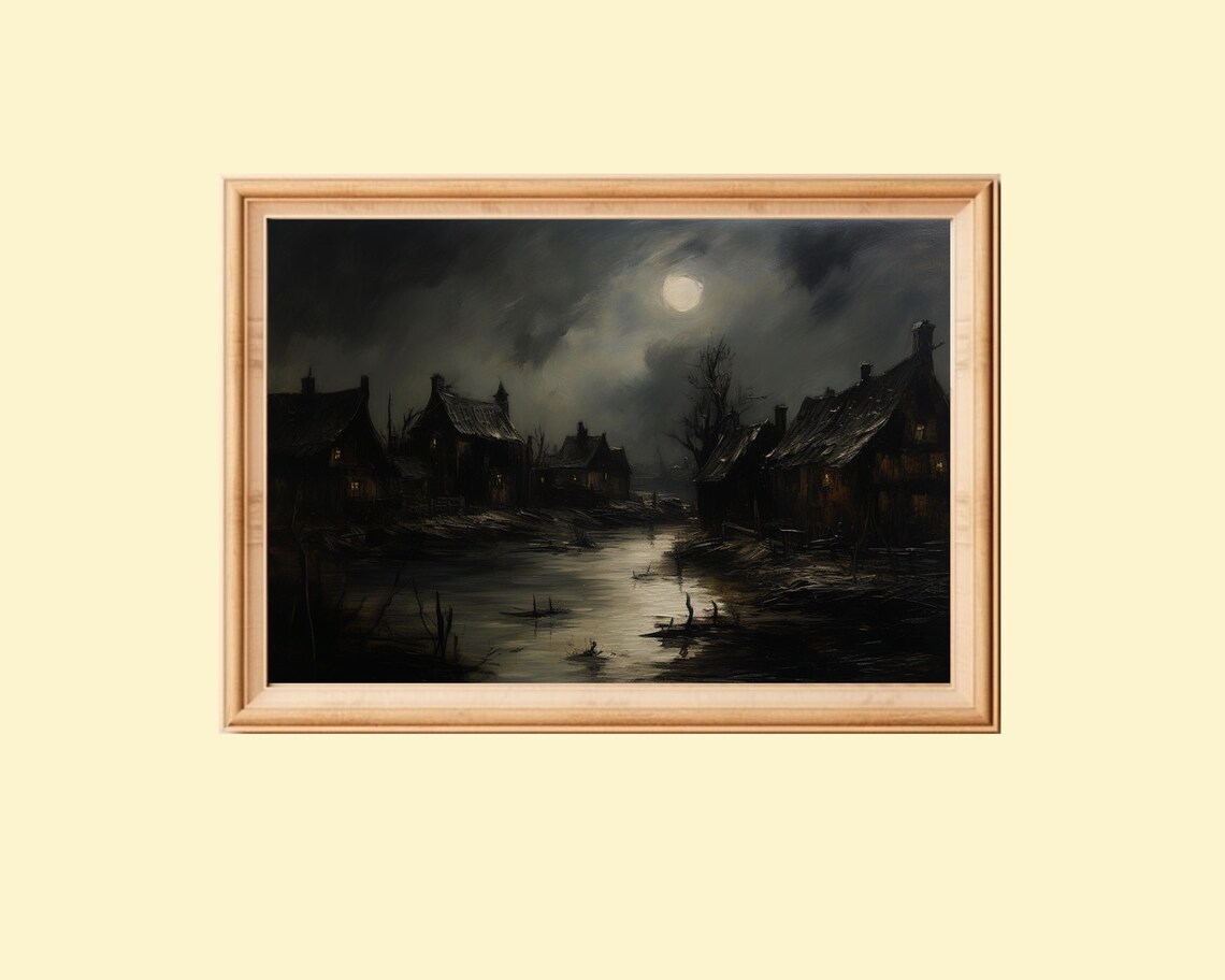Haunted Village Halloween Rustic Art Print
