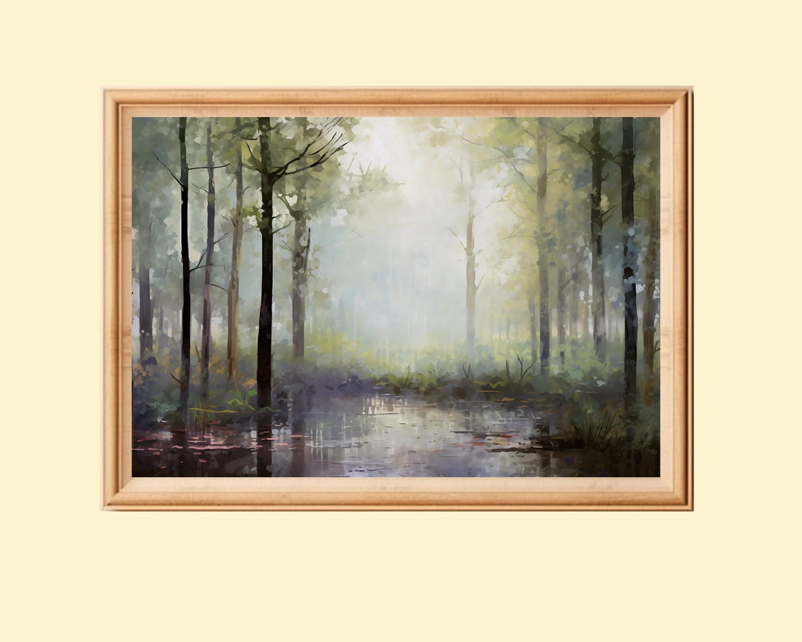 Rainy Forest Landscape Painting Art Instant Nature Scenery Wall Decor Impressionist Wall Art Print Rustic Home Decor