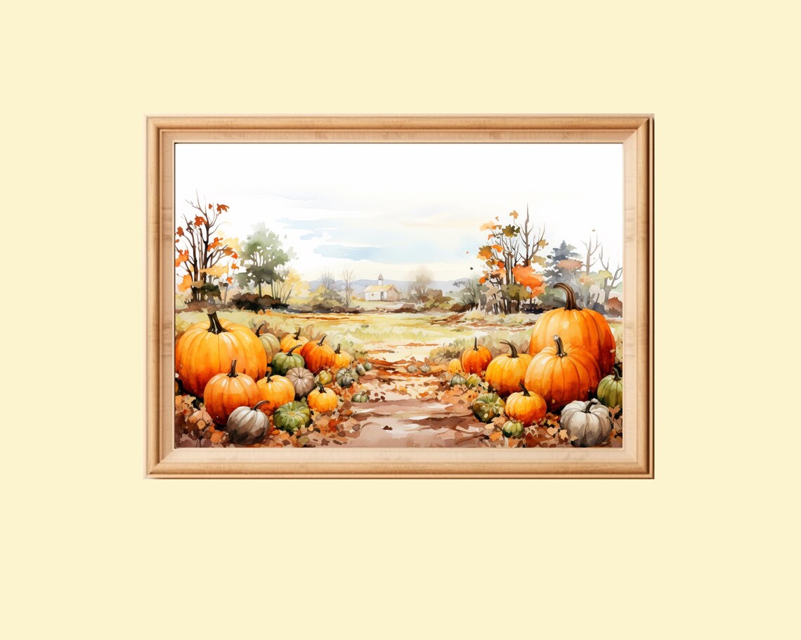Fall Pumpkin Patch Landscape Painting, Rustic Autumn