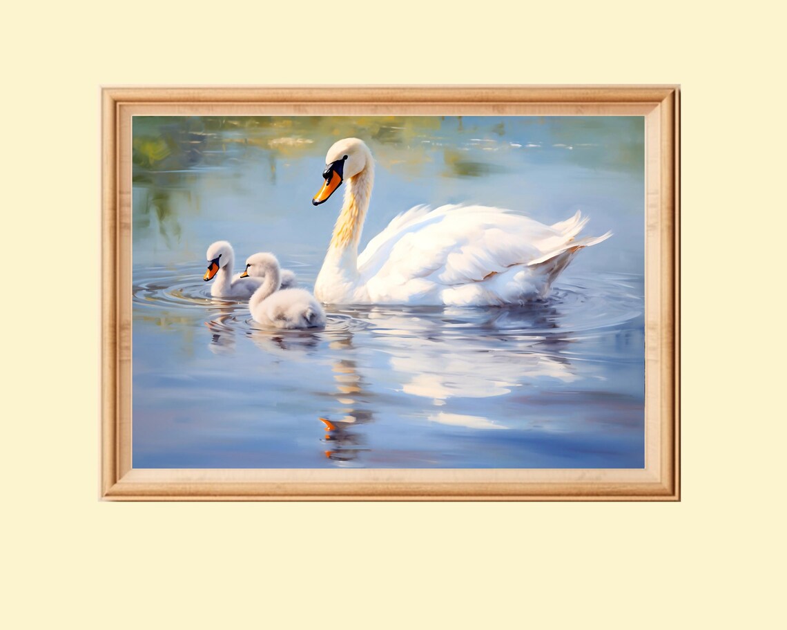 Mother Swan With Chicks, Vintage Cottagecore Art Print