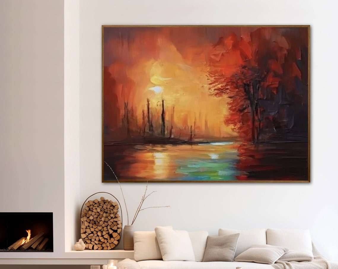 Dark Autumn Sunset Over Lake With Red Trees Reflection Poster