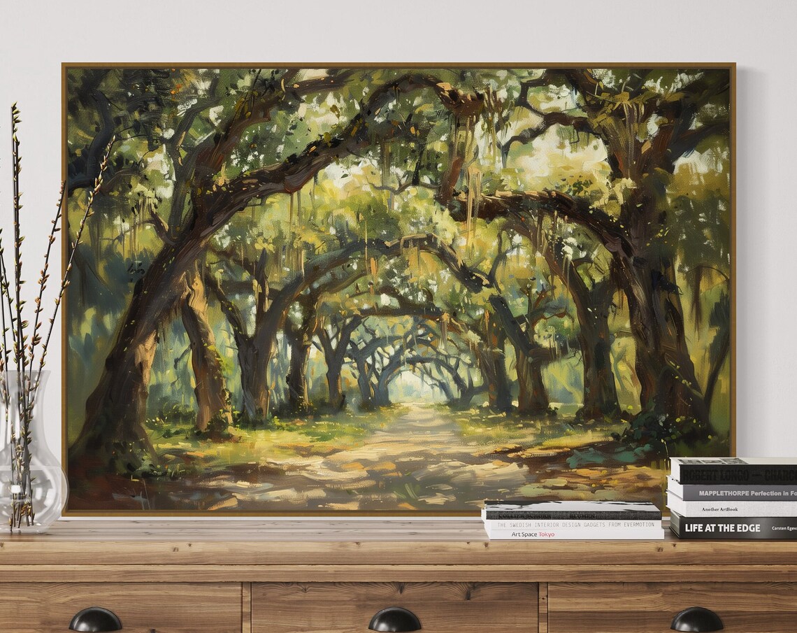 Whispering Oaks Forest Scene Art Print, Woodland Path