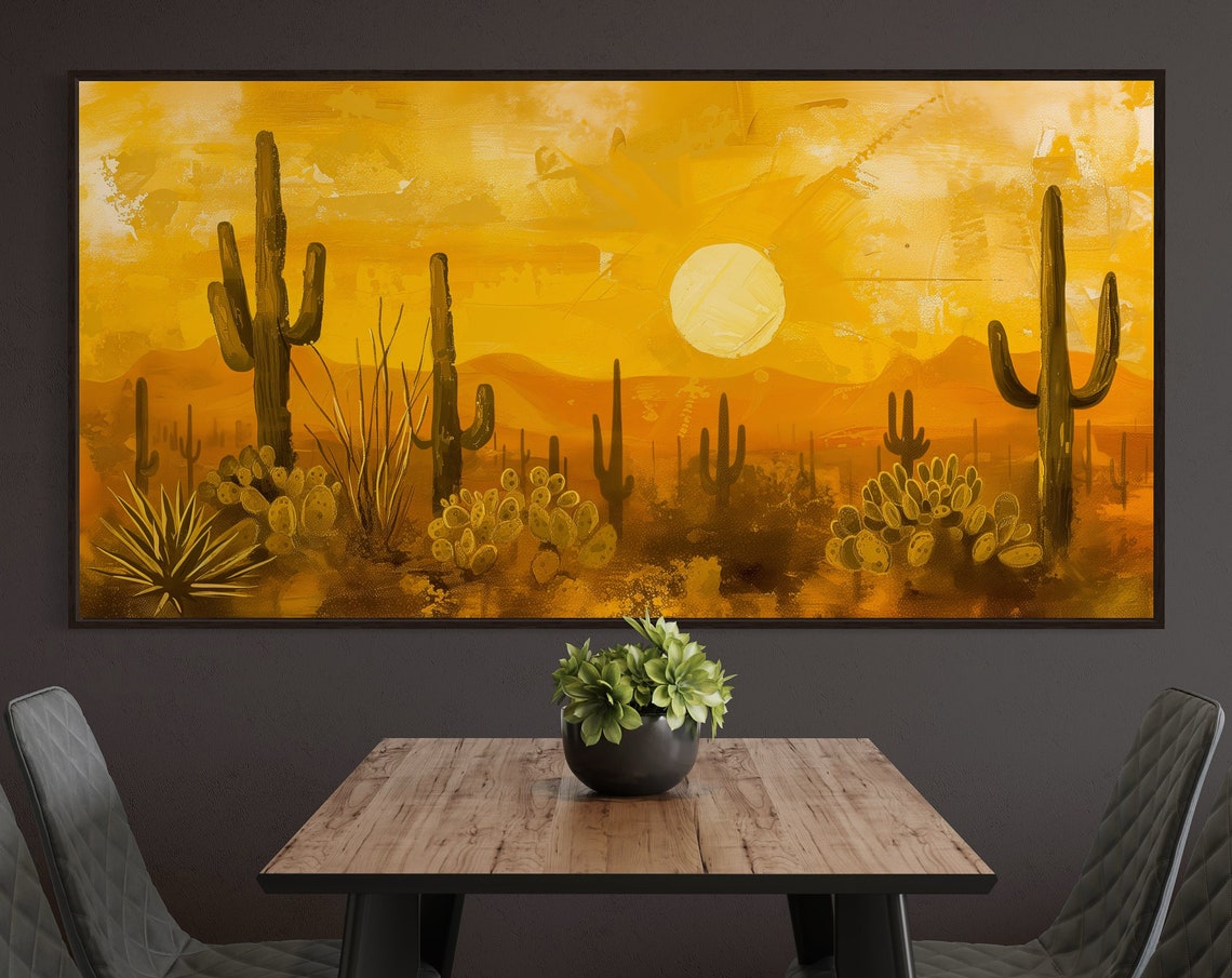 Sonoran Desert Sunset Saguaro Cactus Golden Orange Panoramic Poster