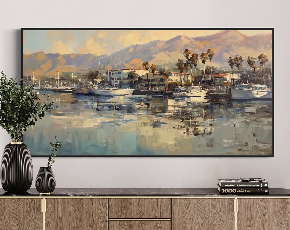 Serene Harbor Marina Sailboats Mountain Sunset Golden Water Print