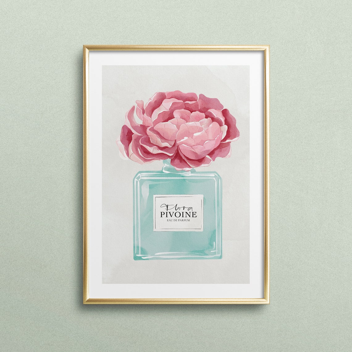 Flora Pivoine Peony Perfume Bottle Mint Watercolor Art Poster